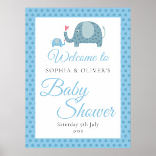 Affiche Bienvenue à la Baby Shower Éléphants à Points Bleu