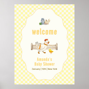 Affiche Bienvenue à la Baby Shower Fermette à Vichy Jaune 