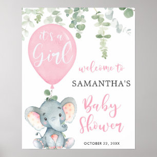Affiche Bienvenue à la baby shower fille éléphant ballon r