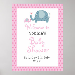 Affiche Bienvenue à la Baby Shower Fille Eléphants à Point