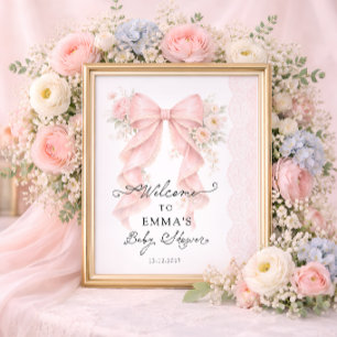 Affiche Bienvenue à la Baby Shower Fille Fleur de Ruban Ro