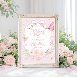 Affiche Bienvenue à la Baby Shower Fille Papillon Rose Fle