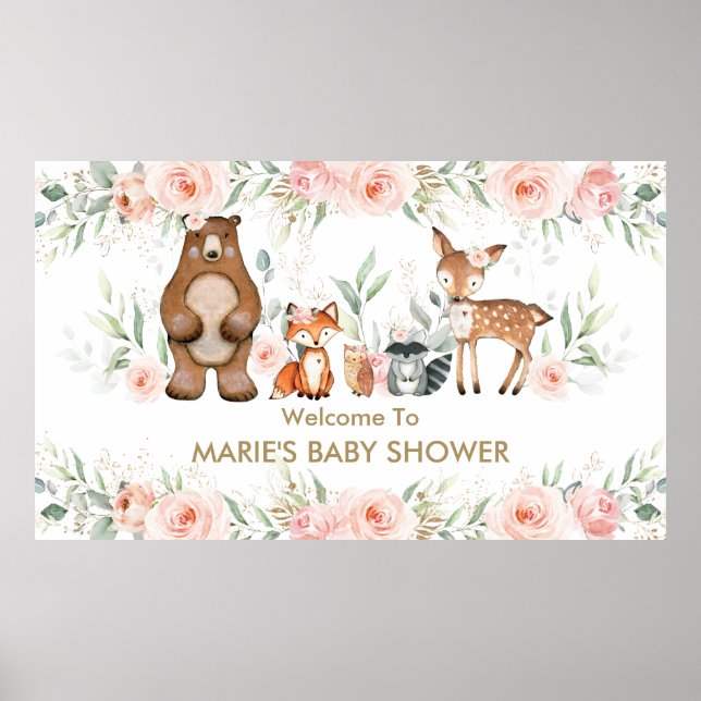 Affiche Bienvenue à la Baby Shower Fleurie Animaux de la F (Devant)