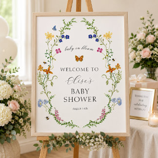 Affiche Bienvenue à la Baby Shower Fleurie Fantaisiste