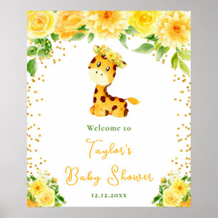 Affiche Bienvenue à la Baby Shower Fleurie Jaune Girafe