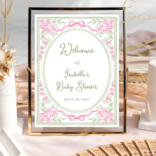 Affiche Bienvenue à la Baby Shower Fleurie Rose Verte