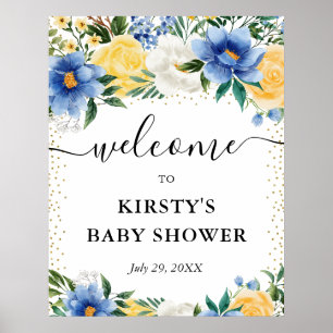 Affiche Bienvenue à la Baby Shower Fleurs Bleues et Jaunes