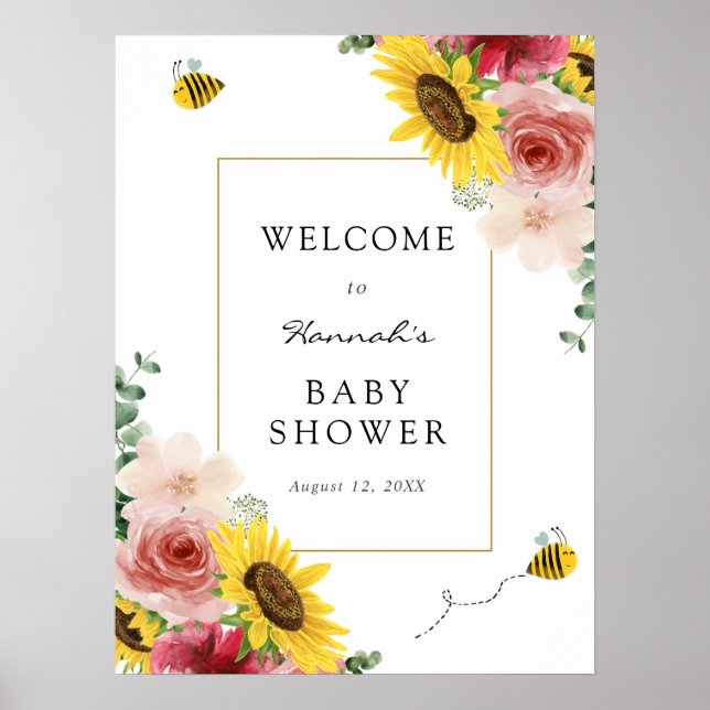 Affiche Bienvenue à la Baby Shower Fleurs de Tournesol, Ro (Devant)