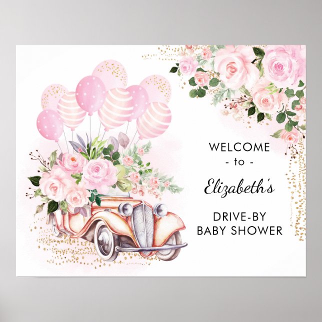 Affiche Bienvenue à la Baby Shower Fleurs Roses pour une v (Devant)