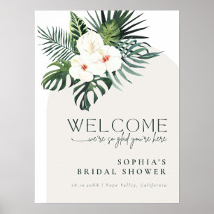 Affiche Bienvenue à la Baby Shower Florale Blanche Tropica