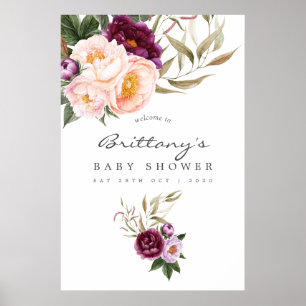 Affiche Bienvenue à la baby shower florale pêche et burgun