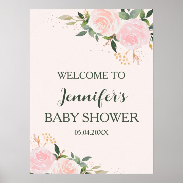 Affiche Bienvenue à la Baby Shower Florale Rose (Devant)