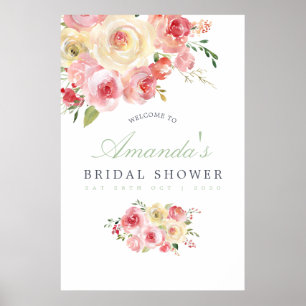 Affiche Bienvenue à la Baby Shower Florale Rose et Sauge