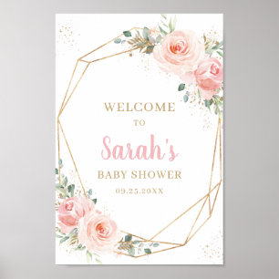 Affiche Bienvenue à la Baby Shower Florale Rose Gold Géomé
