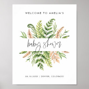 Affiche Bienvenue à la Baby Shower Foliage Sauvage Aquarel