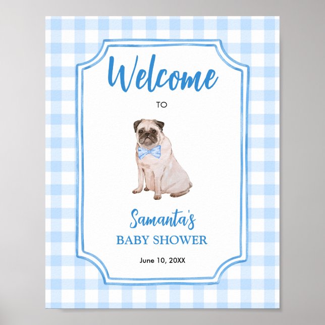 Affiche Bienvenue à la Baby Shower Garçon Chien Gingham Bl (Devant)