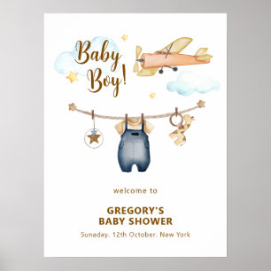 Affiche Bienvenue à la Baby Shower Garçon Vêtements Corde 