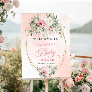 Affiche Bienvenue à la Baby Shower Glam Bohème Fleurs Rose
