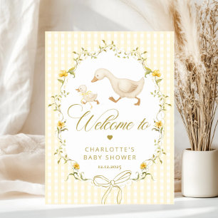 Affiche Bienvenue à la baby shower Goose à carreaux neutre