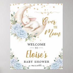 Affiche Bienvenue à la Baby Shower Lapin Floral Bleu