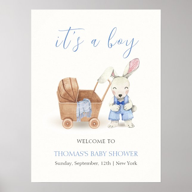 Affiche Bienvenue à la Baby Shower Lapin Garçon Boho (Devant)