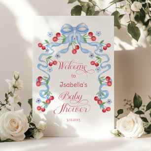 Affiche Bienvenue à la Baby shower Little Cherry Blue Bow