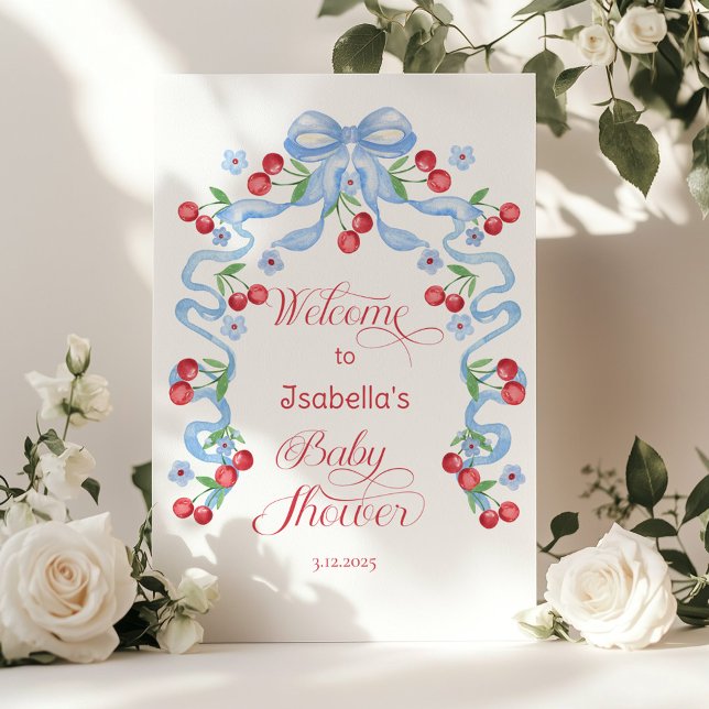 Affiche Bienvenue à la Baby shower Little Cherry Blue Bow (Créateur téléchargé)