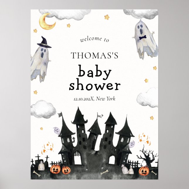 Affiche Bienvenue à la Baby Shower Maison Fantôme Mignon (Devant)