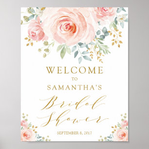 Affiche Bienvenue à la Baby Shower Mariage Rose Pâle et Or