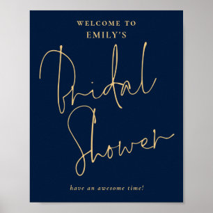 Affiche Bienvenue à la Baby Shower Moderne Script Or Navy