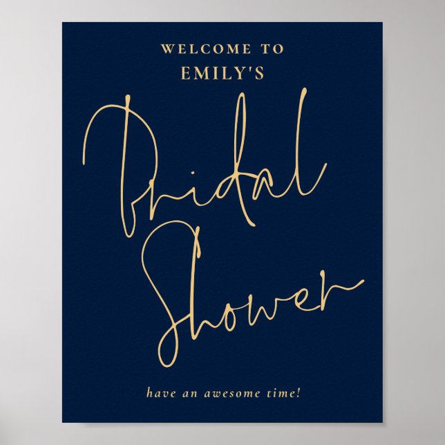 Affiche Bienvenue à la Baby Shower Moderne Script Or Navy (Devant)