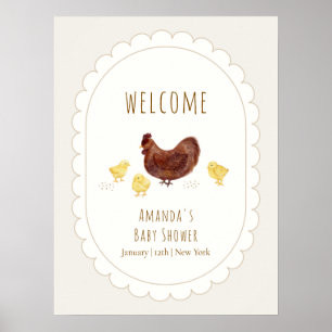 Affiche Bienvenue à la Baby Shower Neutre Boho Ferme Poule