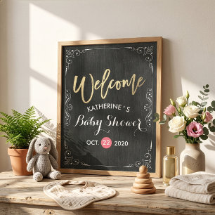 Affiche Bienvenue à la Baby Shower Noir Blanc Floral Table