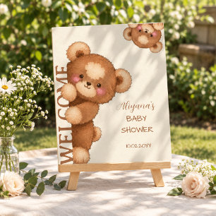 Affiche Bienvenue à la Baby Shower Ours Brun Aquarelle