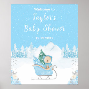 Affiche Bienvenue à la Baby Shower Ours d'Hiver Bleu Traîn