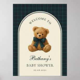 Affiche Bienvenue à la Baby Shower Ourson à Carreaux Vinta