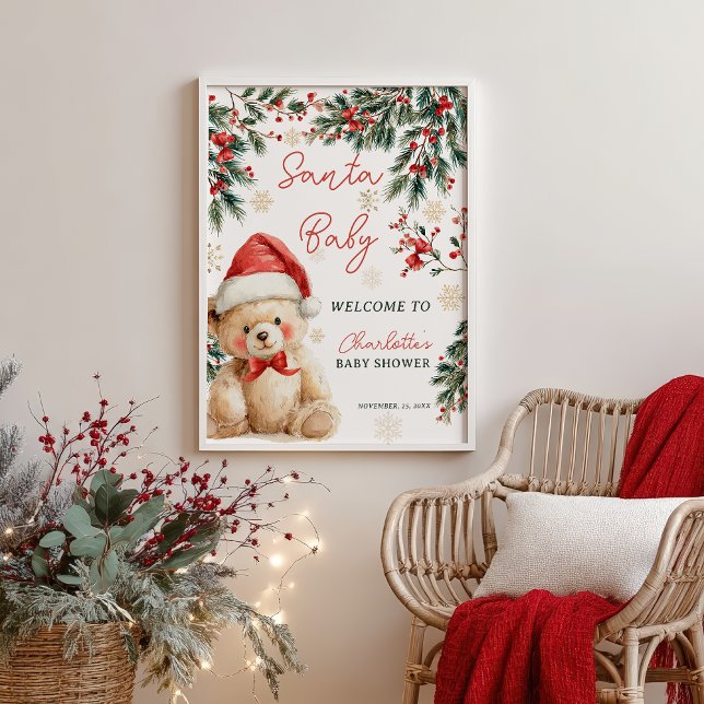 Affiche Bienvenue à la Baby Shower Ourson de Noël Père Noë (Christmas Teddy Bear Santa Baby Shower Welcome Poster)