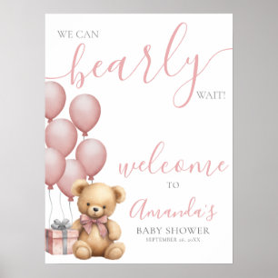 Affiche Bienvenue à la Baby Shower Ourson Rose en Ballon