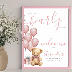 Affiche Bienvenue à la Baby Shower Ourson Rose en Ballon