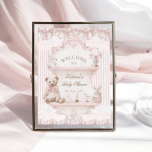 Affiche Bienvenue à la Baby Shower Ourson Rose Vintage