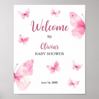 Affiche Bienvenue à la Baby Shower Papillon Rose