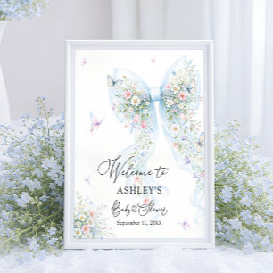 Affiche Bienvenue à la Baby Shower Papillon Ruban Bleu