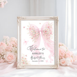 Affiche Bienvenue à la baby shower Papillon Ruban Rose