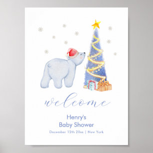 Affiche Bienvenue à la Baby Shower Père Noël Hiver Ours Po