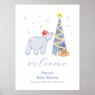 Affiche Bienvenue à la Baby Shower Père Noël Hiver Ours Po
