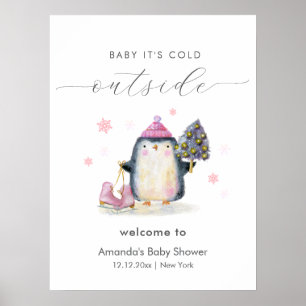 Affiche Bienvenue à la Baby Shower Pingouin Bois Hivernal