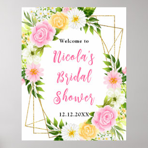 Affiche Bienvenue à la Baby Shower Rose et Jaune