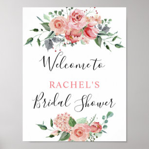 Affiche Bienvenue à la Baby Shower Rose Pâle Aquarelle Chi