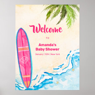 Affiche Bienvenue à la Baby Shower Rose Surf de Mer Palmie