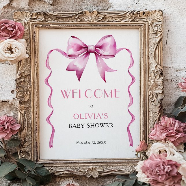 Affiche Bienvenue à la Baby Shower Ruban à Arc Rose  (Créateur téléchargé)